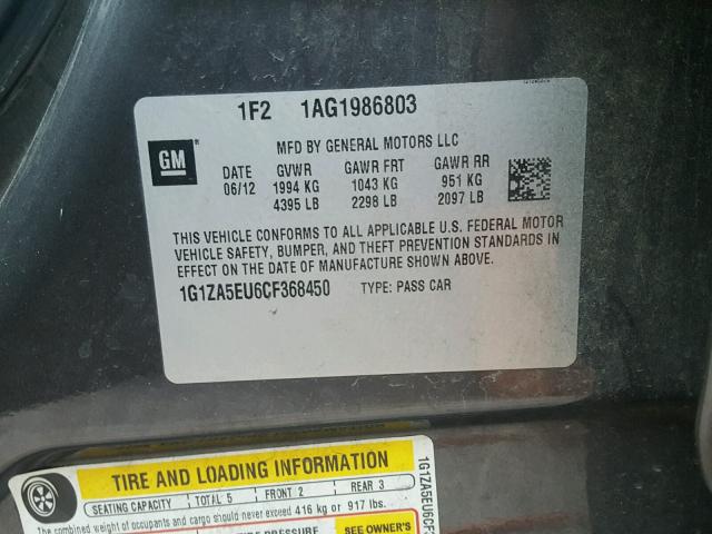 1G1ZA5EU6CF368450 - 2012 CHEVROLET MALIBU CHARCOAL photo 10