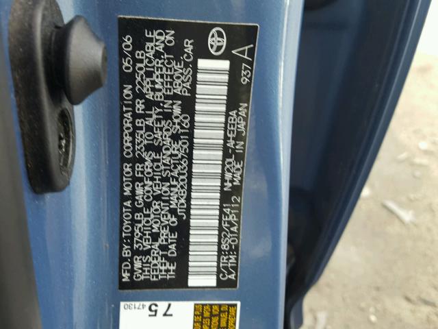 JTDKB20U367501160 - 2006 TOYOTA PRIUS BLUE photo 10