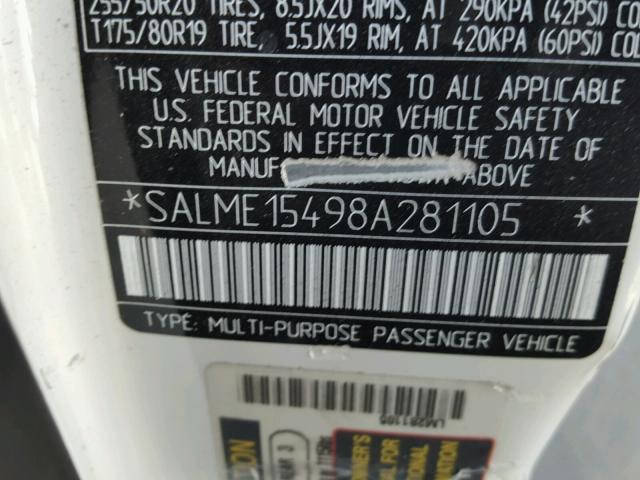 SALME15498A281105 - 2008 LAND ROVER RANGE ROVE WHITE photo 10