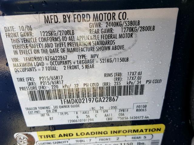 1FMDK02197GA22867 - 2007 FORD FREESTYLE BLUE photo 10