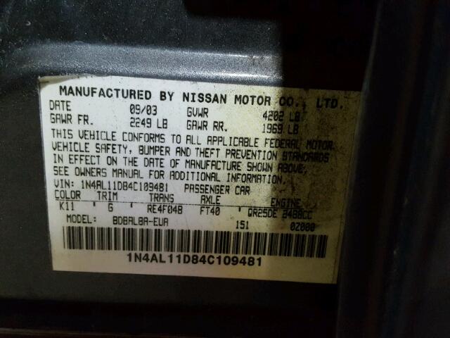 1N4AL11D84C109481 - 2004 NISSAN ALTIMA BAS GRAY photo 10