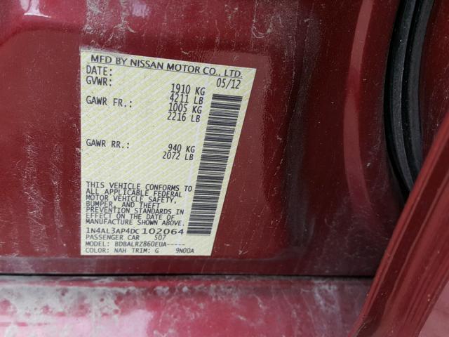 1N4AL3AP4DC102064 - 2013 NISSAN ALTIMA 2.5 RED photo 10