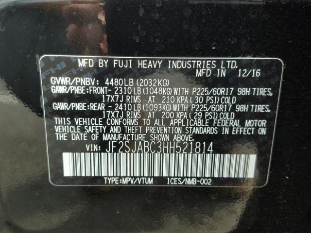 JF2SJABC3HH521814 - 2017 SUBARU FORESTER 2 BLACK photo 10