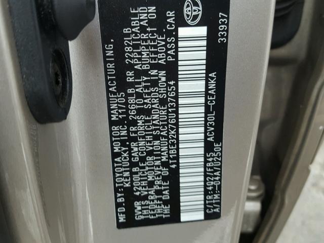 4T1BE32K76U137654 - 2006 TOYOTA CAMRY LE 金色 照片 10