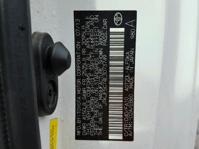 JTKJF5C74E3073749 - 2014 TOYOTA SCION TC 白色 照片 10