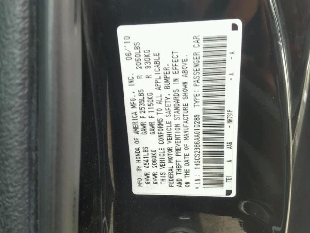 1HGCS2B86AA010289 - 2010 HONDA ACCORD EXL BLACK photo 10