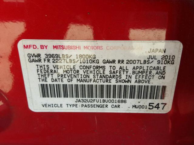 JA32U2FU1BU001686 - 2011 MITSUBISHI LANCER ES/ RED photo 10