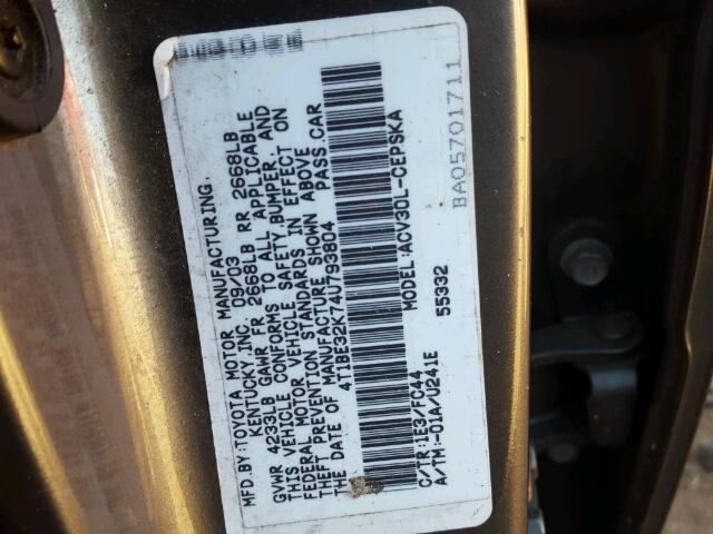 4T1BE32K74U793804 - 2004 TOYOTA CAMRY LE GRAY photo 10