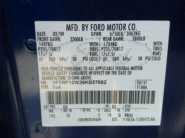 1FTRF12W39KB57682 - 2009 FORD F150 BLUE photo 10