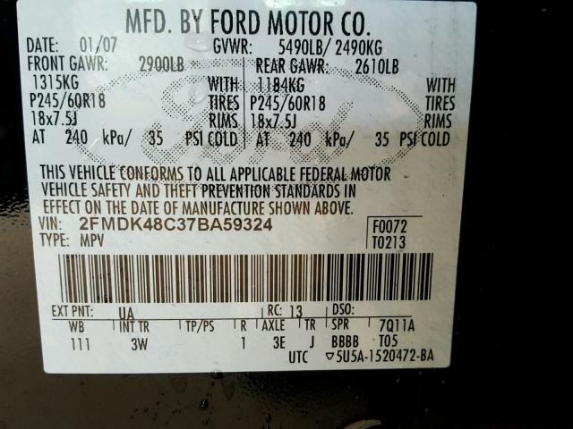 2FMDK48C37BA59324 - 2007 FORD EDGE Siyah fotoğraf 10