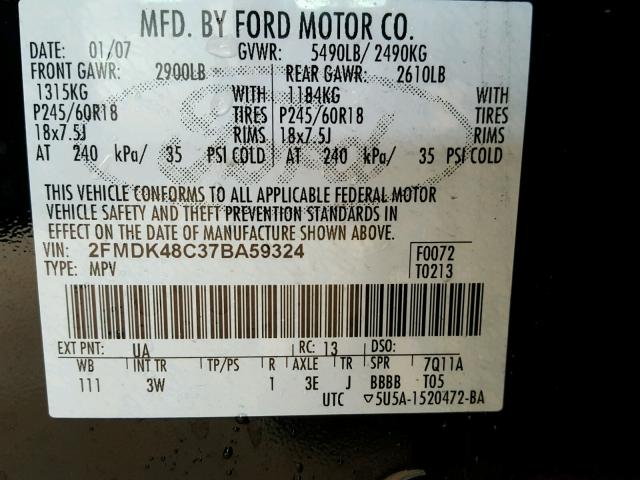 2FMDK48C37BA59324 - 2007 FORD EDGE BLACK photo 10