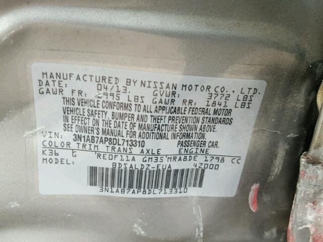 3N1AB7AP8DL713310 - 2013 NISSAN SENTRA S GRAY photo 10