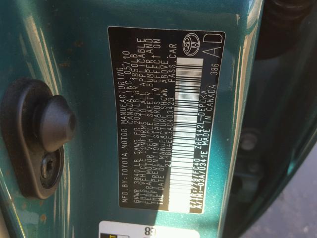 2T1BU4EE3AC403423 - 2010 TOYOTA COROLLA BA TEAL photo 10