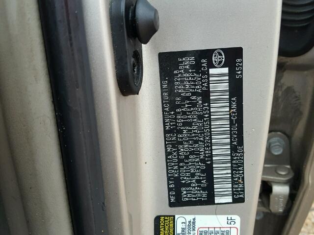 4T1BE32K05U514534 - 2005 TOYOTA CAMRY LE TAN photo 10