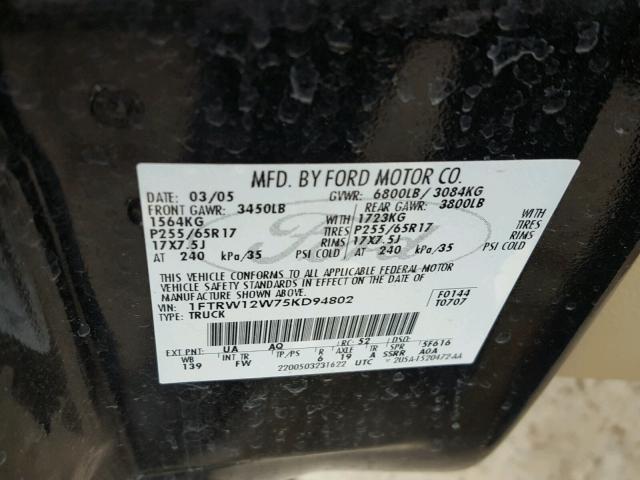 1FTRW12W75KD94802 - 2005 FORD F150 SUPER BLACK photo 10