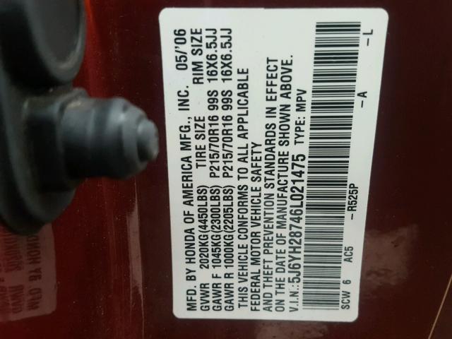 5J6YH28746L021475 - 2006 HONDA ELEMENT EX BURGUNDY photo 10