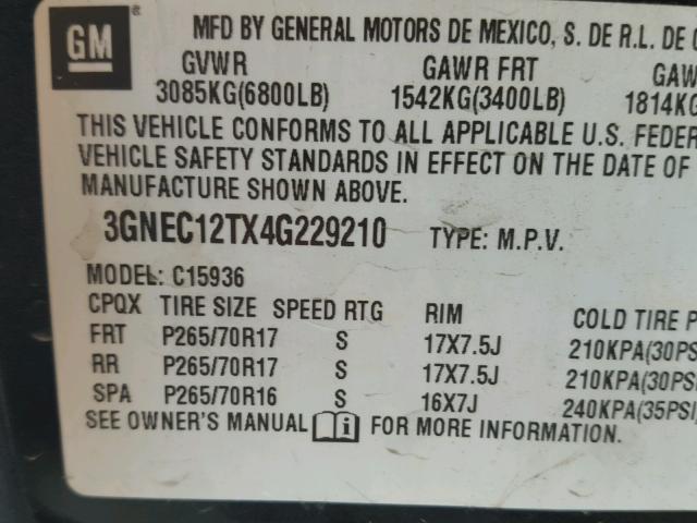 3GNEC12TX4G229210 - 2004 CHEVROLET AVALANCHE CHARCOAL photo 10