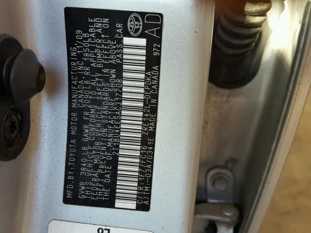 2T1BU4EE5AC317708 - 2010 TOYOTA COROLLA BA SILVER photo 10