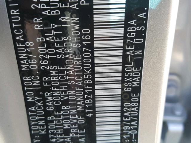 4T1BZ1FB5KU007160 - 2019 TOYOTA AVALON XLE SILVER photo 10