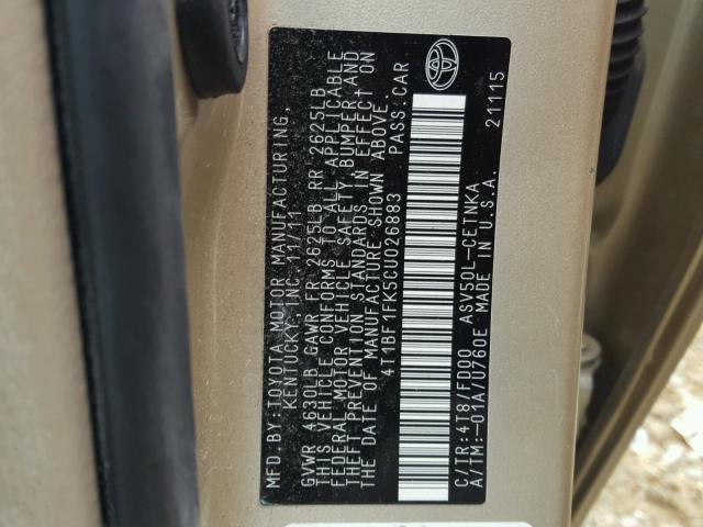 4T1BF1FK5CU026883 - 2012 TOYOTA CAMRY BASE GOLD photo 10