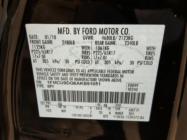 1FMCU9DG6AKB91051 - 2010 FORD ESCAPE XLT BLACK photo 10