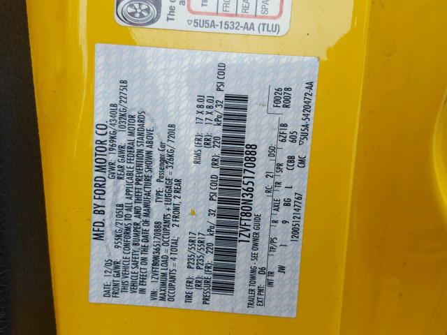 1ZVFT80N365170888 - 2006 FORD MUSTANG YELLOW photo 10
