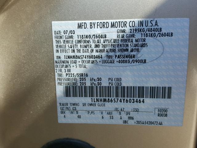 1LNHM86S74Y603464 - 2004 LINCOLN LS 金色 照片 10