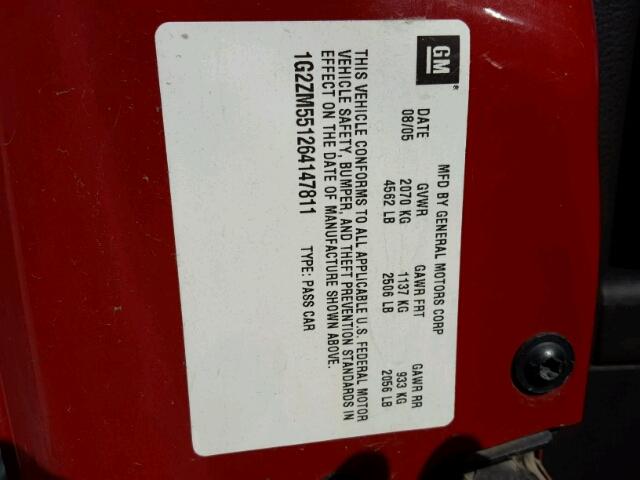 1G2ZM551264147811 - 2006 PONTIAC G6 GTP RED photo 10