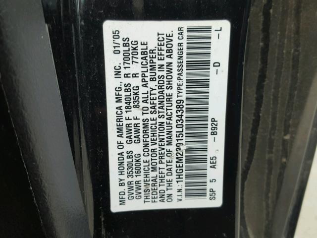 1HGEM22915L034389 - 2005 HONDA CIVIC EX BLACK photo 10