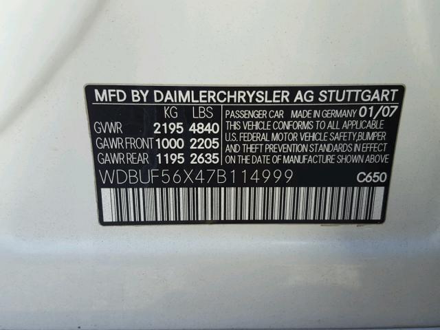 WDBUF56X47B114999 - 2007 MERCEDES-BENZ E 350 WHITE photo 10