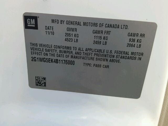 2G1WG5EK4B1176000 - 2011 CHEVROLET IMPALA LT Սպիտակ լուսանկար 10