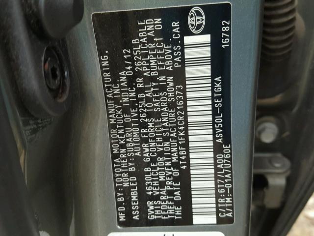 4T4BF1FK4CR216373 - 2012 TOYOTA CAMRY BASE CHARCOAL photo 10