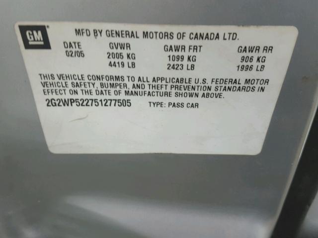 2G2WP522751277505 - 2005 PONTIAC GRAND PRIX SILVER photo 10