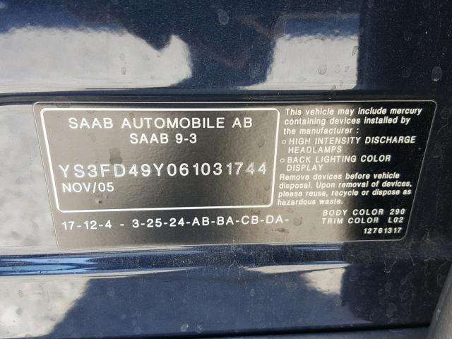 YS3FD49Y061031744 - 2006 SAAB 9-3 BASE BLUE photo 10