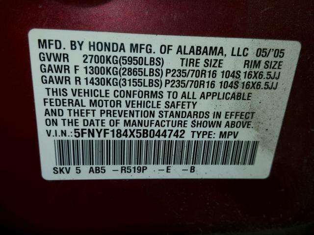 5FNYF184X5B044742 - 2005 HONDA PILOT RED photo 10