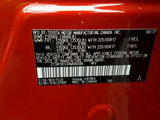 2T3RFREV3HW686086 - 2017 TOYOTA RAV4 XLE RED photo 10