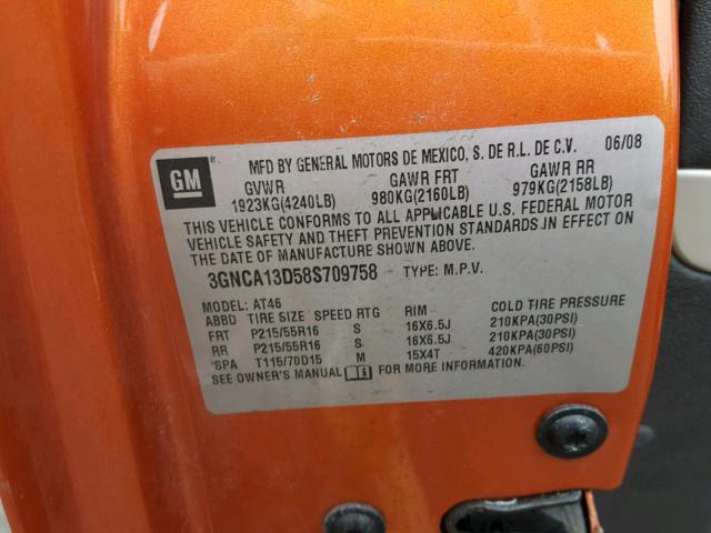 3GNCA13D58S709758 - 2008 CHEVROLET HHR LS 橙色 照片 10