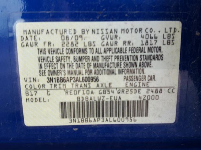 3N1BB6AP3AL600956 - 2010 NISSAN SENTRA SE- BLUE photo 10