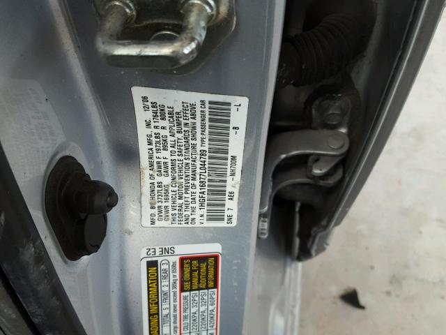 1HGFA16877L044789 - 2007 HONDA CIVIC EX SILVER photo 10