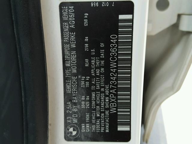 WBXPA73424WC36340 - 2004 BMW X3 2.5I WHITE photo 10