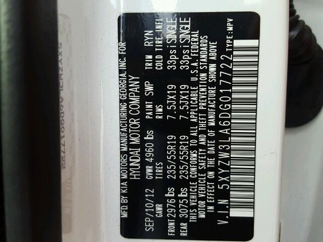 5XYZW3LA6DG017722 - 2013 HYUNDAI SANTA FE S WHITE photo 10