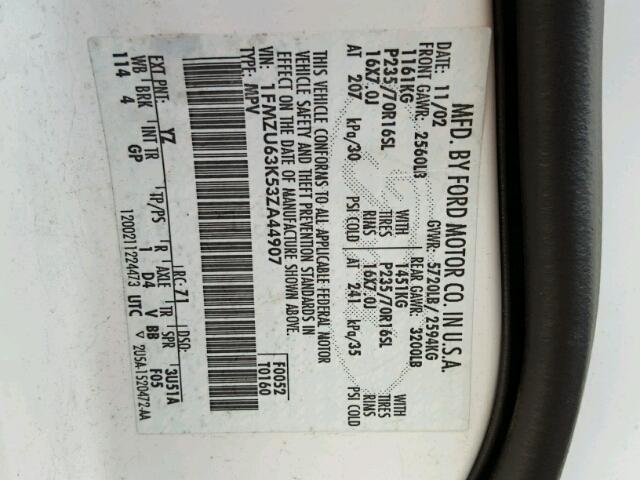 1FMZU63K53ZA44907 - 2003 FORD EXPLORER X WHITE photo 10