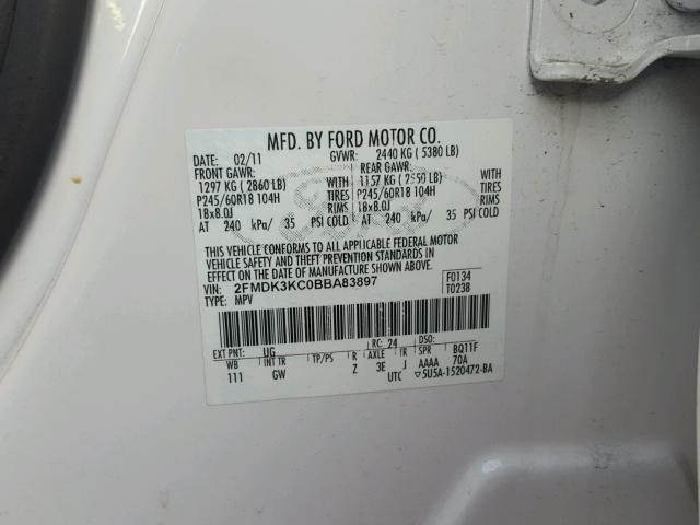 2FMDK3KC0BBA83897 - 2011 FORD EDGE LIMIT WHITE photo 10