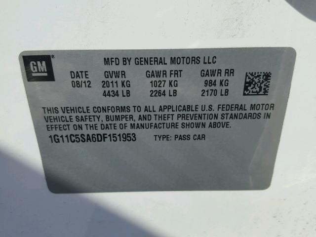 1G11C5SA6DF151953 - 2013 CHEVROLET MALIBU 1LT თეთრი ფოტო 10