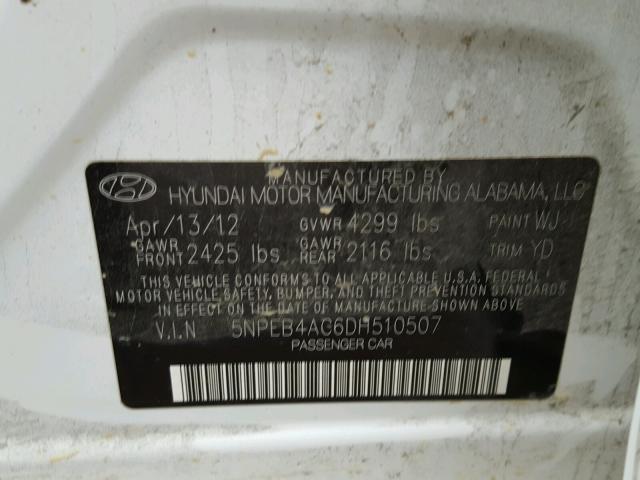 5NPEB4AC6DH510507 - 2013 HYUNDAI SONATA GLS WHITE photo 10