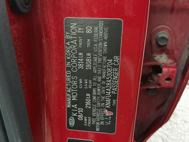 KNAFU4A28A5308704 - 2010 KIA FORTE RED photo 10