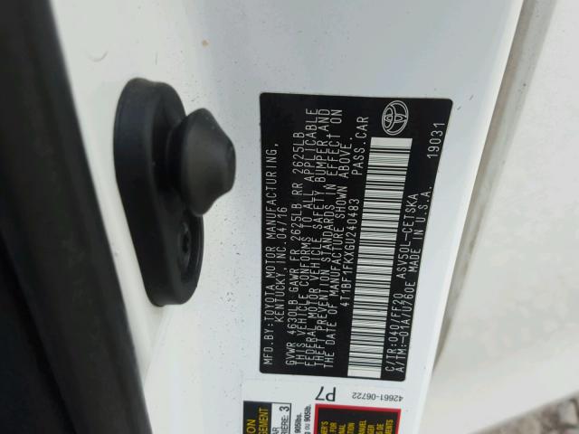 4T1BF1FKXGU240483 - 2016 TOYOTA CAMRY LE WHITE photo 10