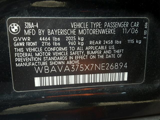 WBAVA375X7NE26894 - 2007 BMW 328 I BLACK photo 10
