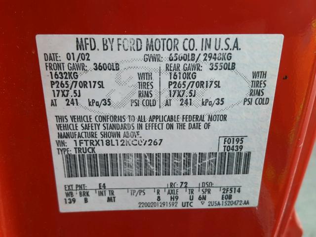 1FTRX18L12KC07267 - 2002 FORD F150 RED photo 10