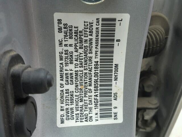 1HGFA16859L001894 - 2009 HONDA CIVIC EX SILVER photo 10